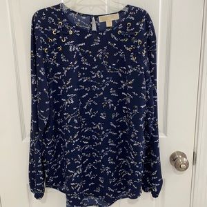 EUC Michael Kors Navy Floral blouse with gold accent ties L